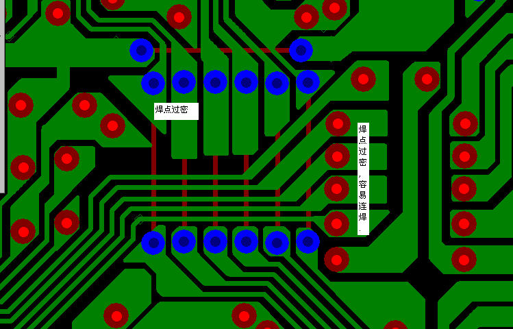 PCB設(shè)計(jì)焊點(diǎn)過(guò)密，易造成波峰連焊，焊點(diǎn)間漏電