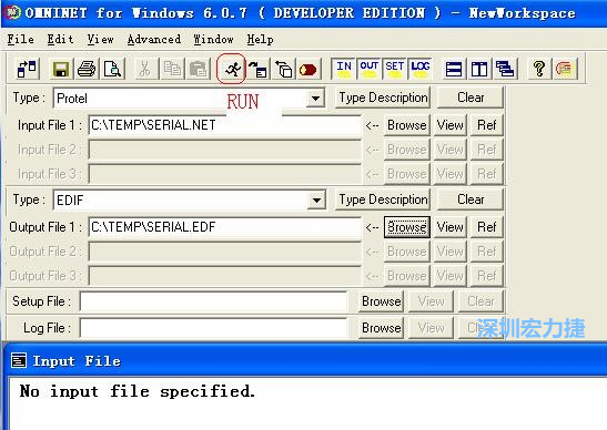 輸出文件類型(Type)選 EDIF。Output File 1 指定輸出文件的文件名和路徑。然后點擊 Run(跑動的小人)。