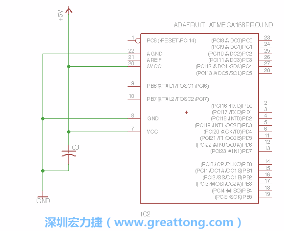 3.1.    新增微控制器晶片（RBBB → ATmega），把它放在電路原理圖的中央附近，把它的兩個接地接頭連接到接地訊號端。