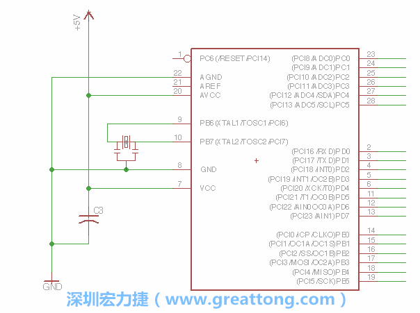 3.2.    在靠近ATmega的電源供應針腳7的位置放置一個0.1μF的電容，將它分別連接電源、接地端和針腳7。