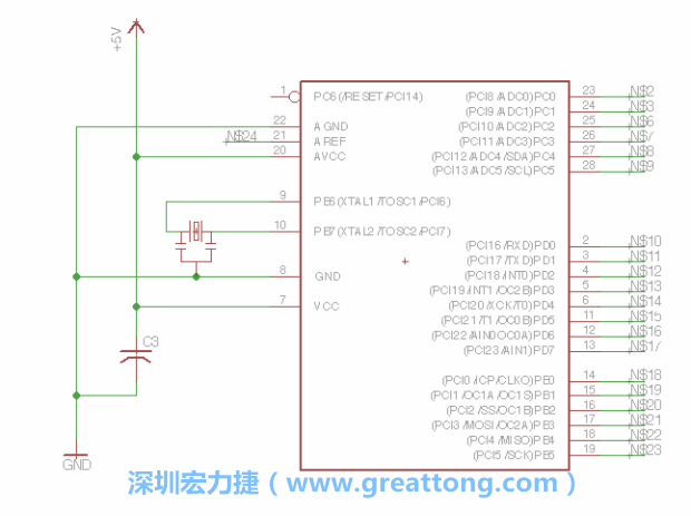3.3.    將共鳴器（resonator）放置在針腳9和針腳10附近，將它的三個針腳連接如圖所示，并確認最中間的針腳有連到接地端。