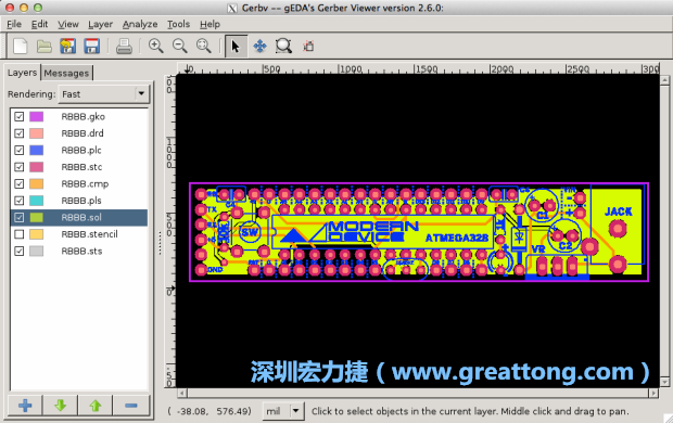 將圖層匯入你的Gerber預(yù)覽工具內(nèi)（下圖為Gerbv），我通常會(huì)從上到下重新排列它們的順序，好讓我比較好校對(duì)：